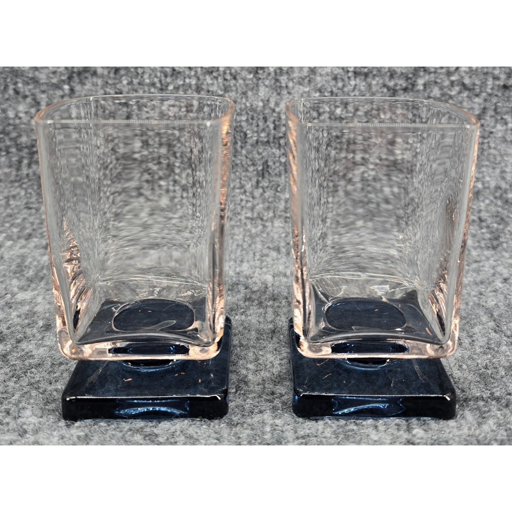Vtg 70s Disaronno Amaretto Glasses Pink Blue Square Pedestal Base Set of 2 Mod